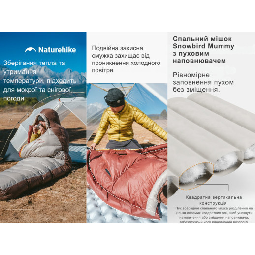 Спальник з натуральним пухом Naturehike Snowbird CNK2550WS014, p-р M, коричневий 400 г