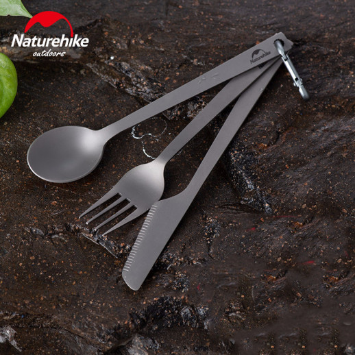 Набір столових приборів (ложка, виделка, ніж) з титану Naturehike NH19T011-D, сірий з мішечком