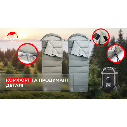 Спальник з капюшоном Naturehike M400 NH20MSD02, (1°C), лівий, сірий (6927595702390)