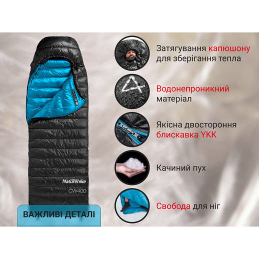 Спальник з натуральним пухом Naturehike CW400 NH18C400-D, p-р L, чорно-блакитний