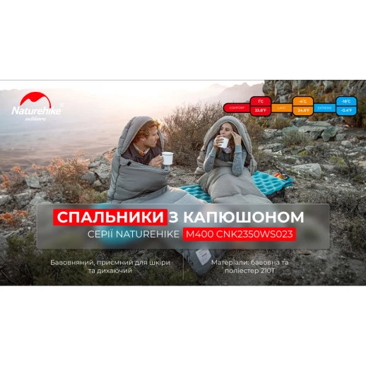 Спальник с капюшоном с обычным мешком для хранения Naturehike M400 CNK2350WS023, (1°C), левый, серый