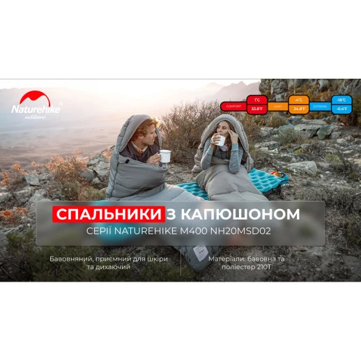 Спальник с капюшоном Naturehike M400 NH20MSD02, (1°C), правый, серый (6927595701270)