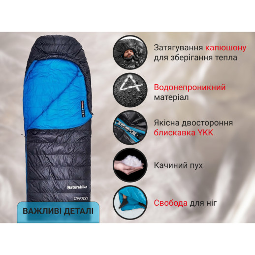 Спальник с натуральным пухом Naturehike CW700 CNK2450WS048, р-р L, черно-голубой