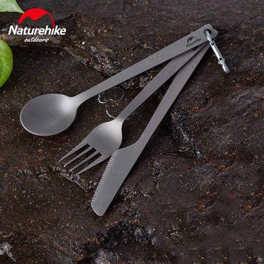 Набор столовых приборов (ложка, вилка, нож) из титана Naturehike NH19T011-D, серый с мешочком