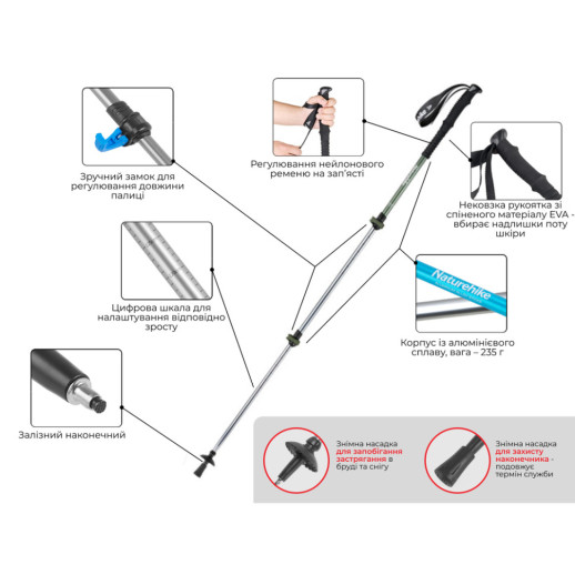 Треккинговые палки 2шт Naturehike Men ST 01 6061 AL NH17D001-Z, 3-сек., алюминий, синие