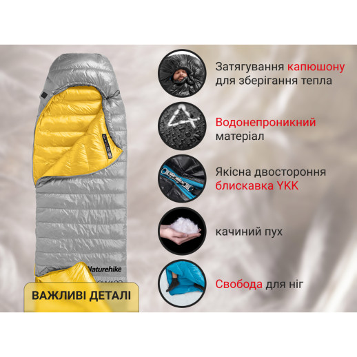 Спальник с натуральным пухом Naturehike CW400 NH18C400-D, р-р L, желто-серый