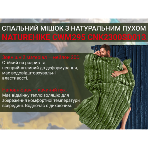 Спальный мешок с натуральным пухом Naturehike CWM295 CNK2300SD013, зеленый