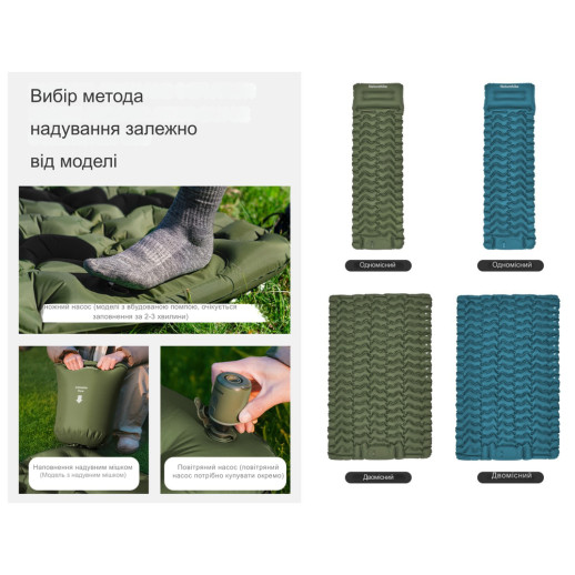 Матрас туристический надувной двухместный Naturehike CNK2550WS019, 200х125х6.5 см, зеленый, для кемпинга с мешком для надува