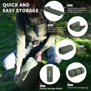 Матрас с подушкой ортопедический одноместный Naturehike CNK2450WS020, самонадувающийся, 200х63х10 см, темно-зеленый